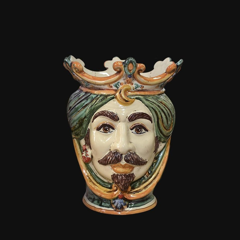 Sicilian Head Vase H 25 cm / 9.8", White Man, Green and Orange – Testa di Moro from Caltagirone, Sicily