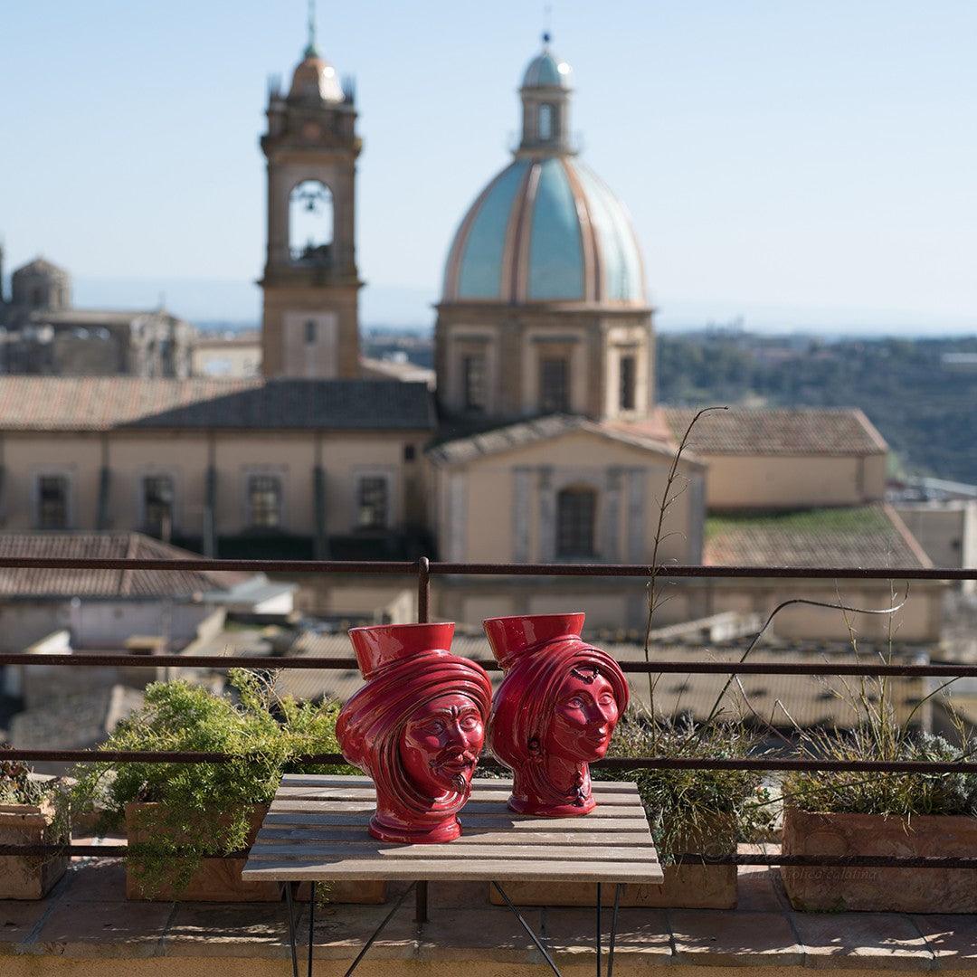 Testa h 30 Rosso Fuoco Donna - Teste di moro moderne Sofia Ceramiche - Ceramiche di Caltagirone Sofia