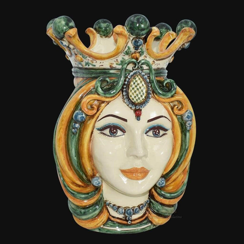 Sicilian Head Vase H 38 cm / 15", Woman, Green and Orange – Testa di Moro from Caltagirone, Sicily