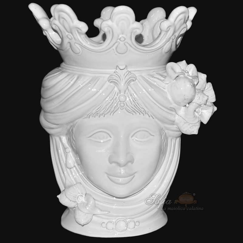 Moor's Head Vase with Lemons H 40 cm / 15.7", Woman, White Line – Testa di Moro from Caltagirone, Sicily