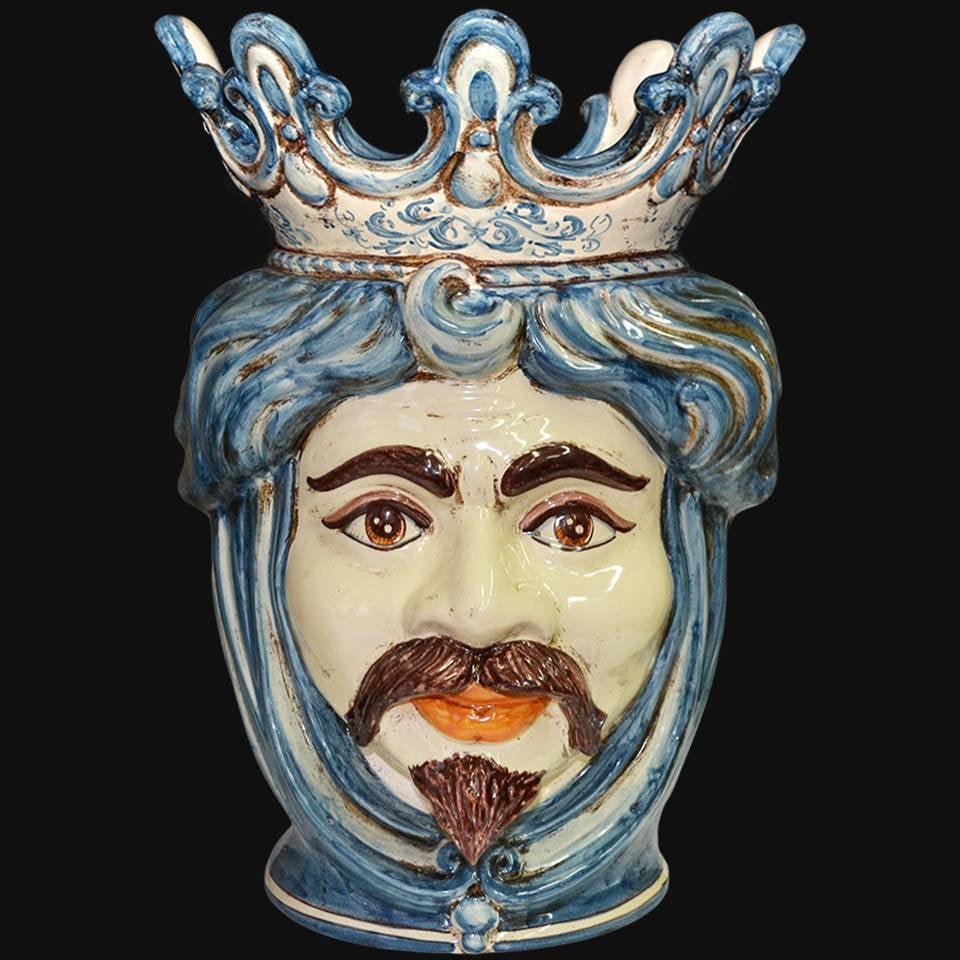 Testa di re in ceramica di Caltagirone fatta a mano, con corona blu e dettagli colorati