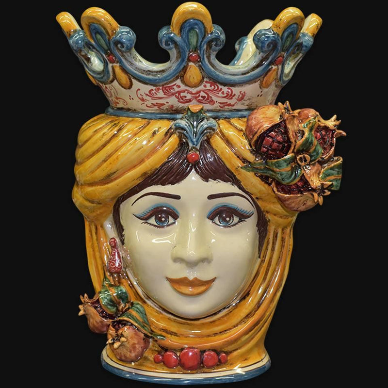 Sicilian Moor's Head with Pomegranates H 40 cm / 15.7", Woman, Yellow and Orange – Testa di Moro from Caltagirone, Sicily
