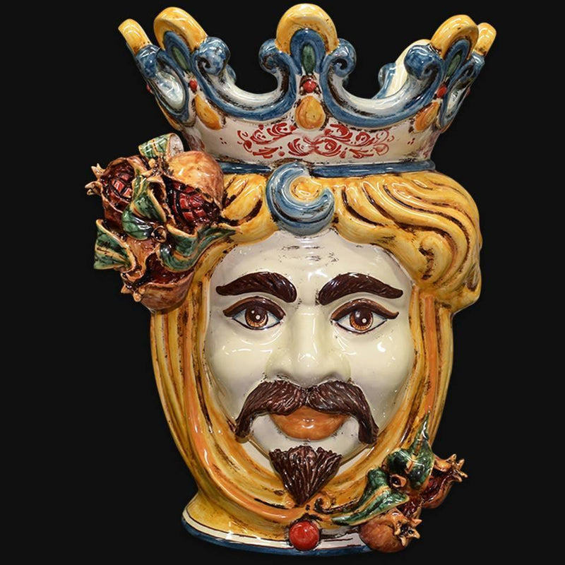 Moor's Head Vase with Pomegranates H 40 cm / 15.7", Man, Yellow and Orange – Testa di Moro from Caltagirone, Sicily