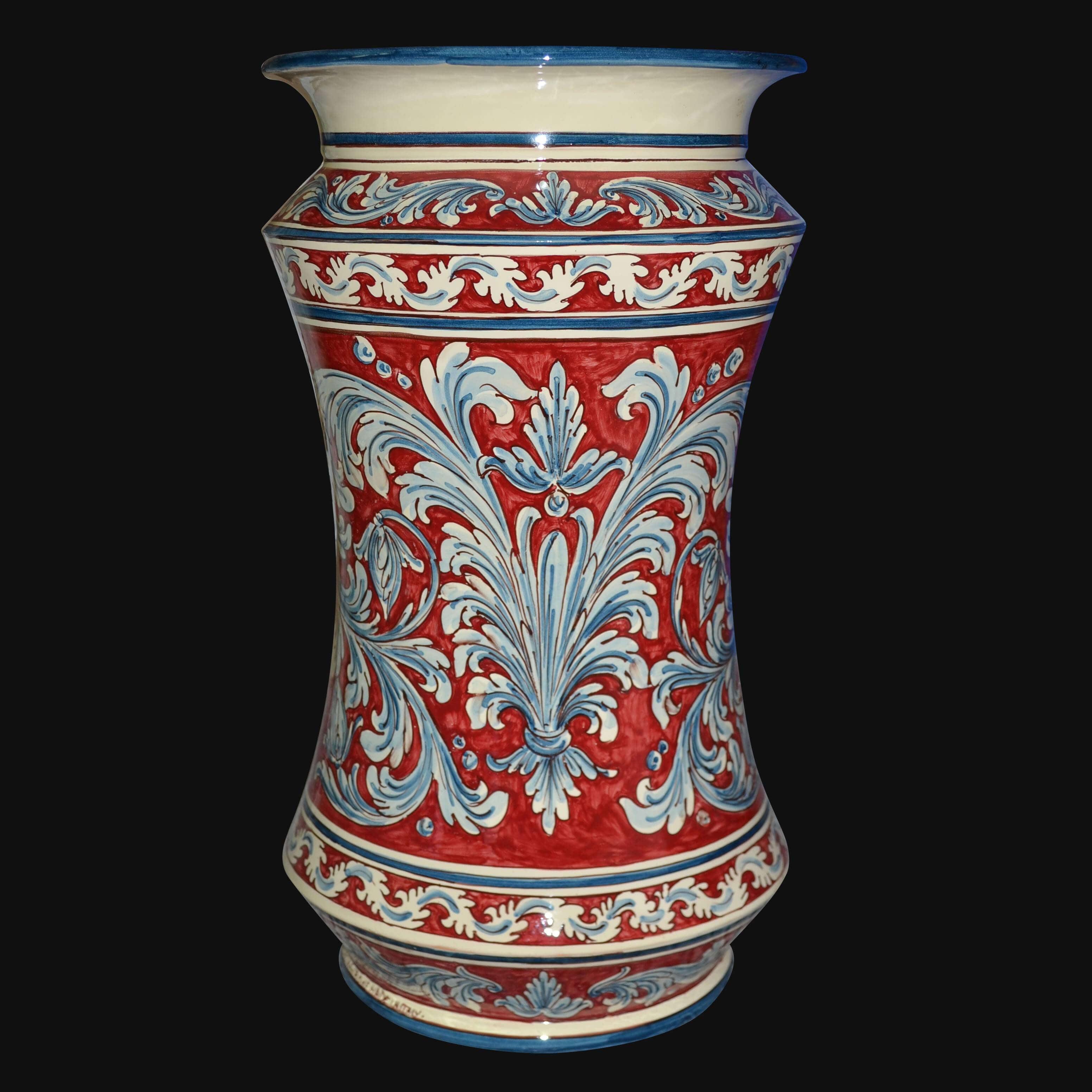 Vaso in ceramica di Caltagirone fatta a mano, decorato a mano con motivi blu e rossi su fondo bianco