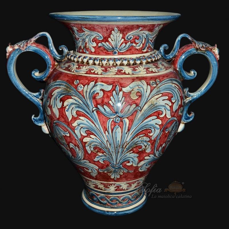 Vaso in ceramica di Caltagirone fatto a mano, decoro floreale blu e rosso, stile tradizionale siciliano