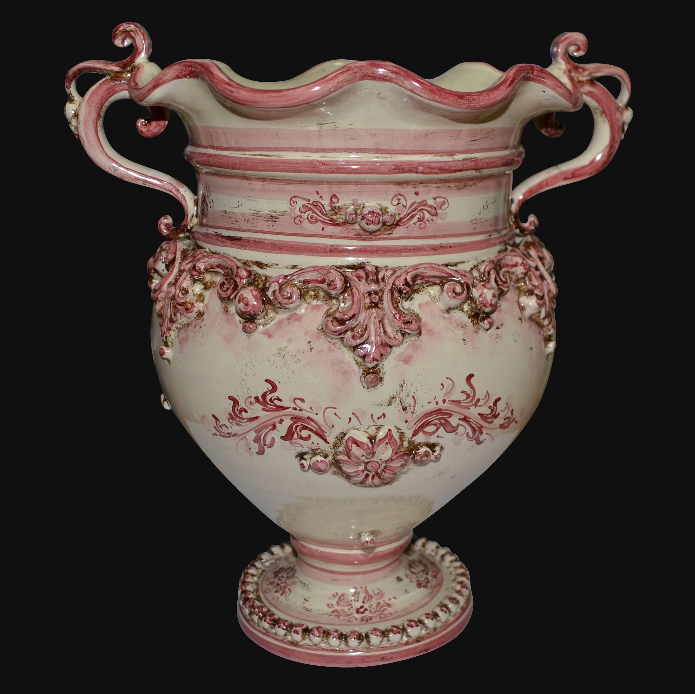 Vaso in ceramica di Caltagirone fatta a mano, decoro rosa e crema con manici eleganti